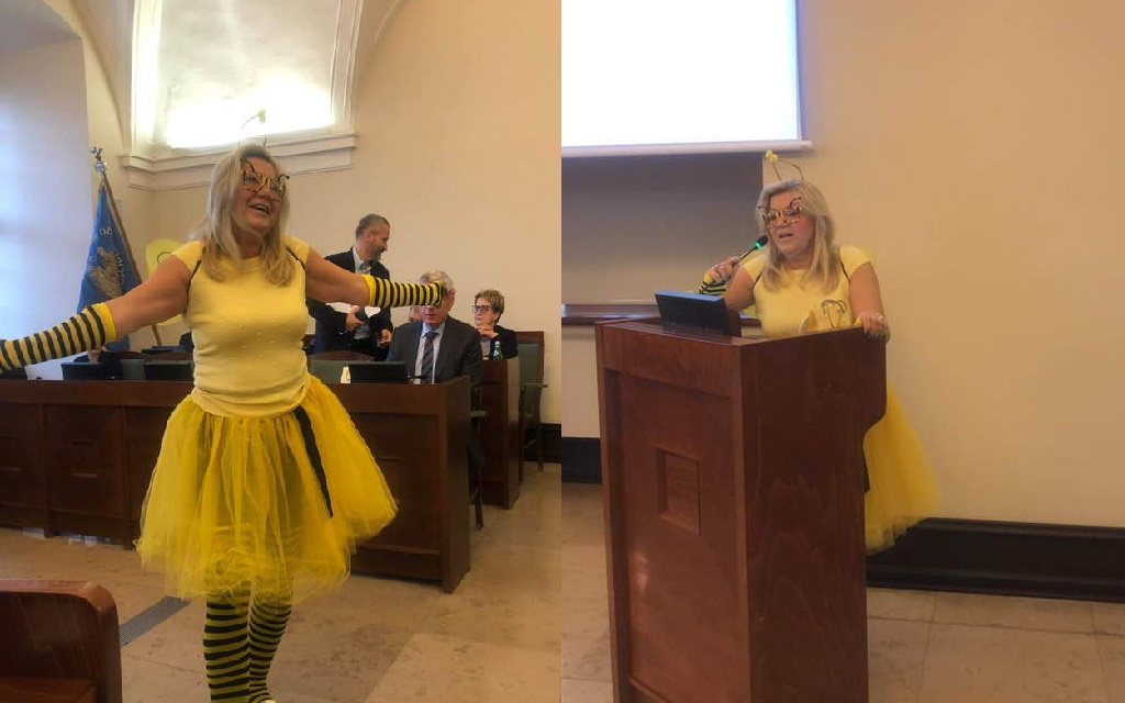 Radna w stroju pszczoły walczy o budżet na ogród roślin miododajnch